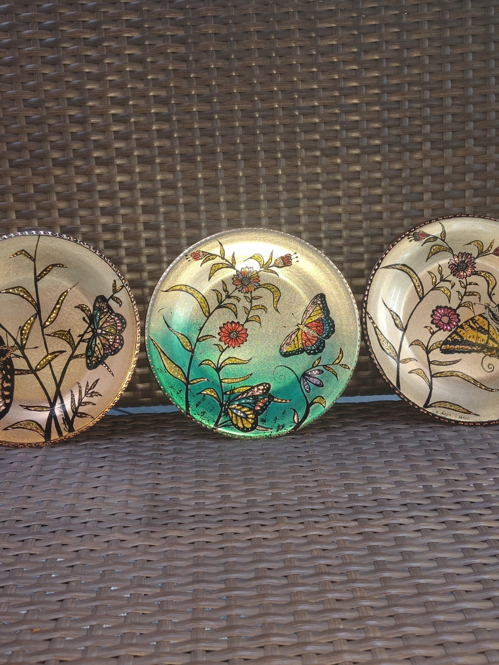 Etched Copper Butterfly Plates Set Of 3 Hand Painted 8 -8.5 Inches C810